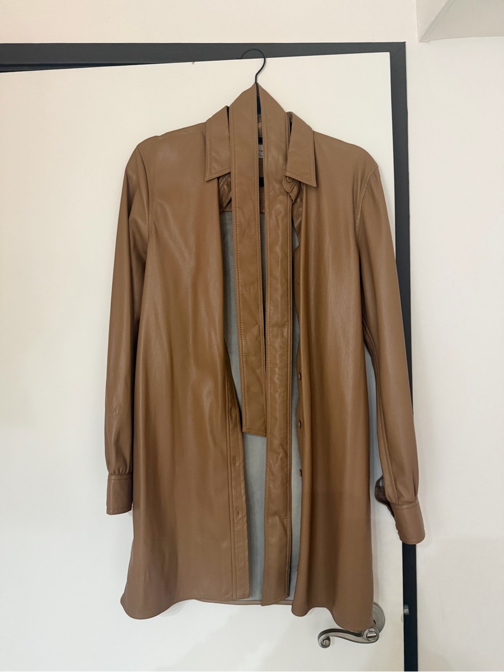 Wilfred Tan Faux Leather Long Shirt Jacket with Neck Tie